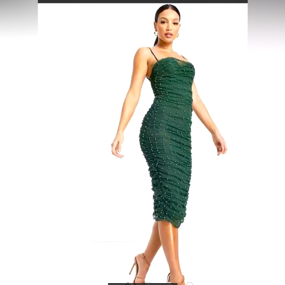 ASOS DESIGN cami ruched pearl mesh bodycon midi dress in forest green Sz 6